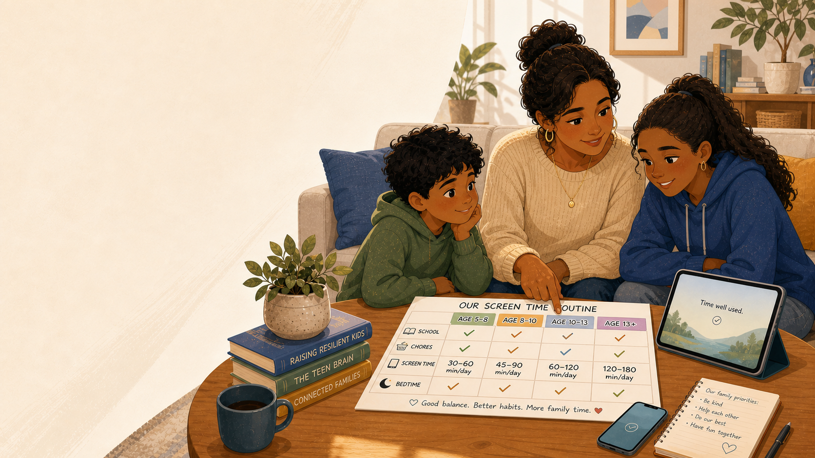 Parent with a younger child and teenager planning an age-by-age screen routine together