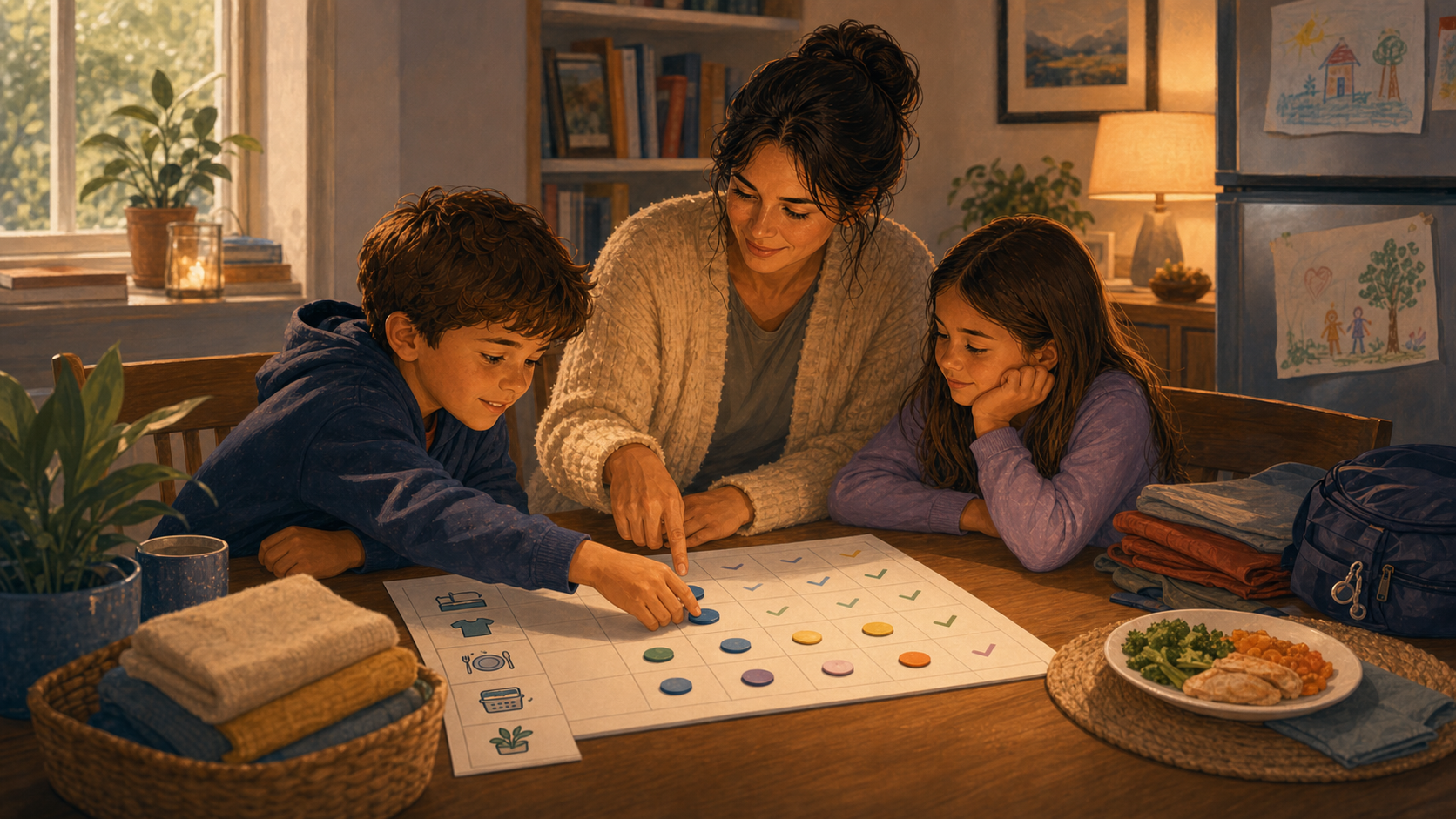 Parent and children calmly setting up a chore chart together at a kitchen table