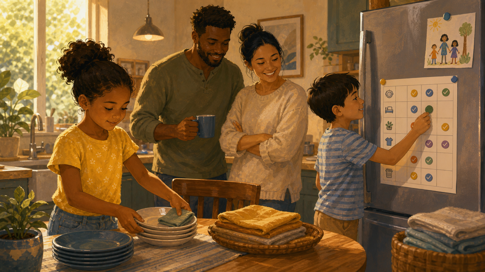 Parent and children calmly doing kitchen chores together with a visual chore chart on the fridge