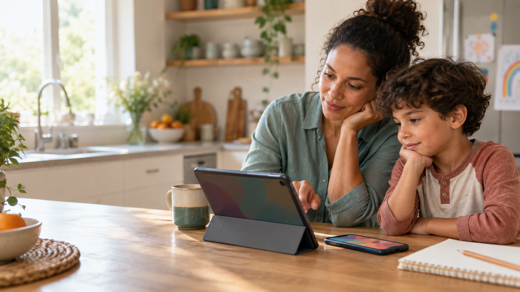 Parent and child calmly reviewing family device rules together at a kitchen table