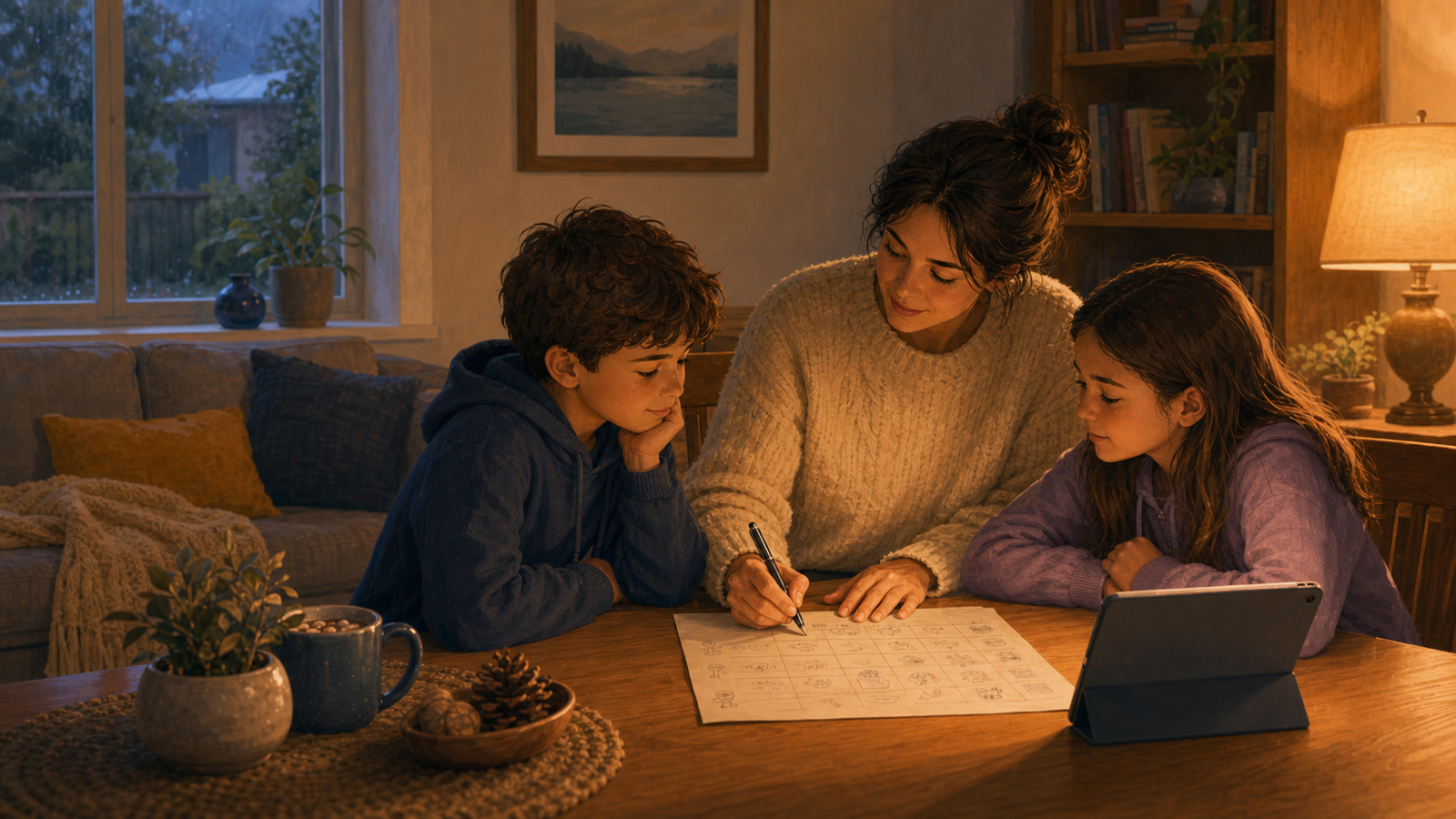 A winter living room with a holiday checklist, tablet, cocoa mug, and window scene representing a calmer screen time plan for school holidays