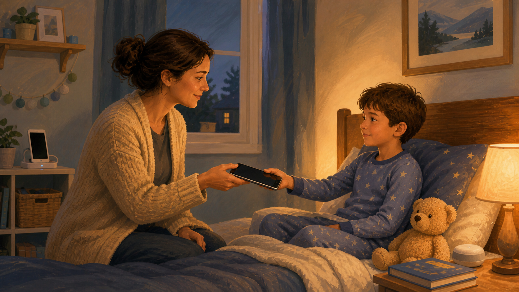 Parent collecting a tablet from a child at bedtime in a calm bedroom scene with warm lamplight