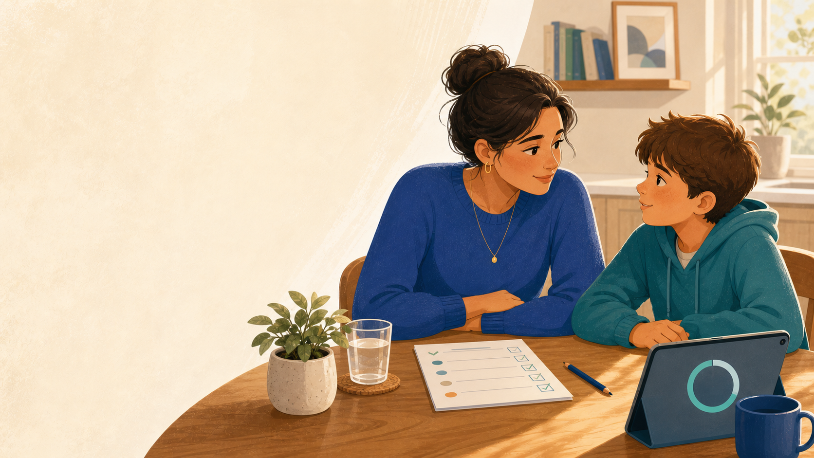 Parent and child having a calm conversation about screen time rules at home