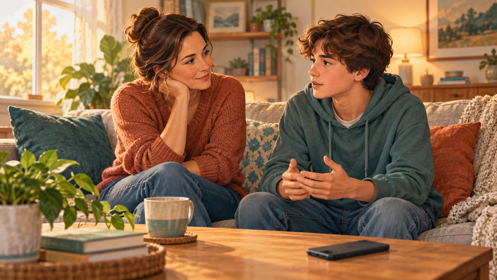 A parent listening calmly as their teenage child talks in a warm living room with a phone resting face down nearby