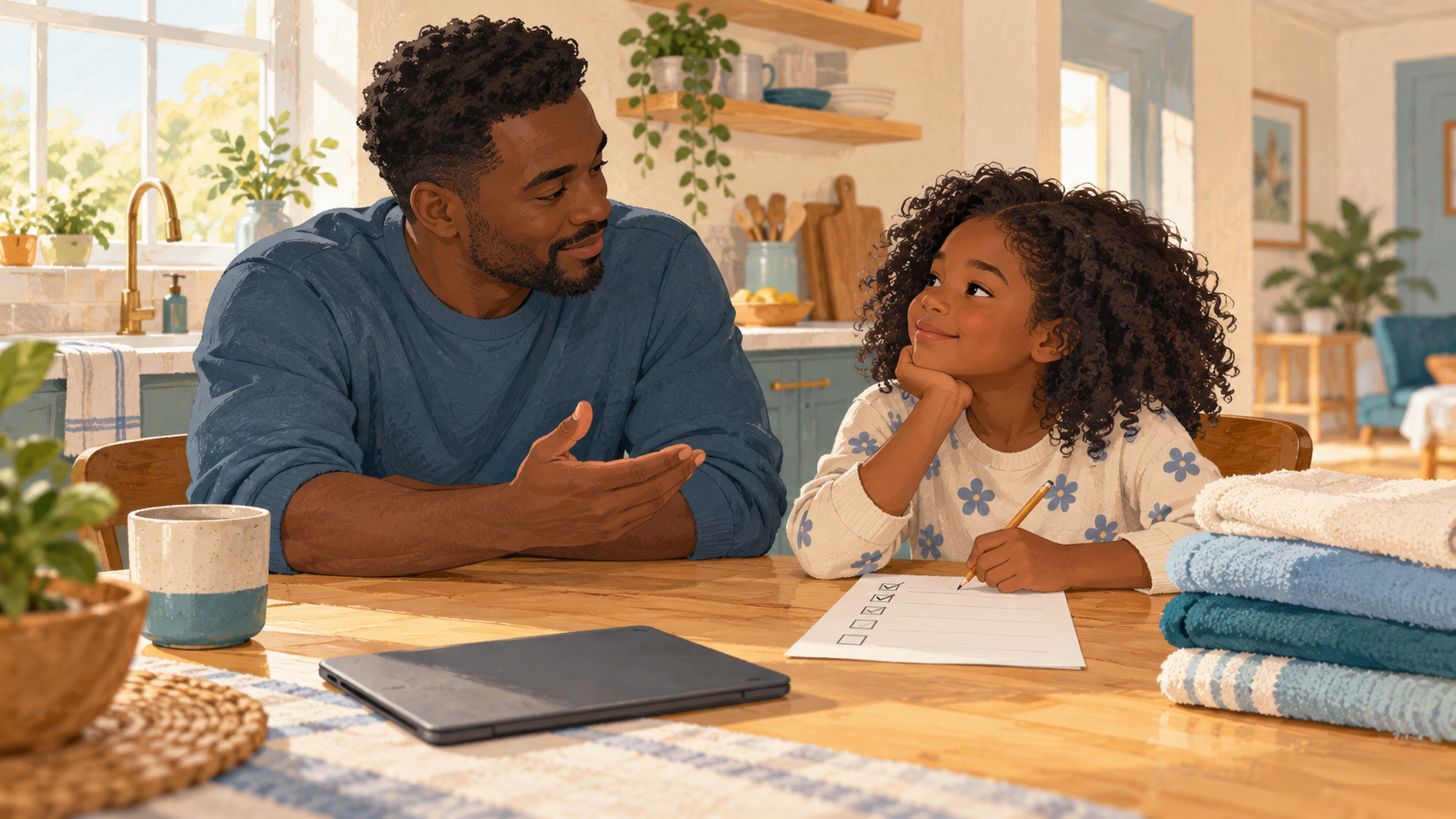 Black father and daughter planning a family routine together, with a chore checklist, folded towels, and a tablet resting on the table