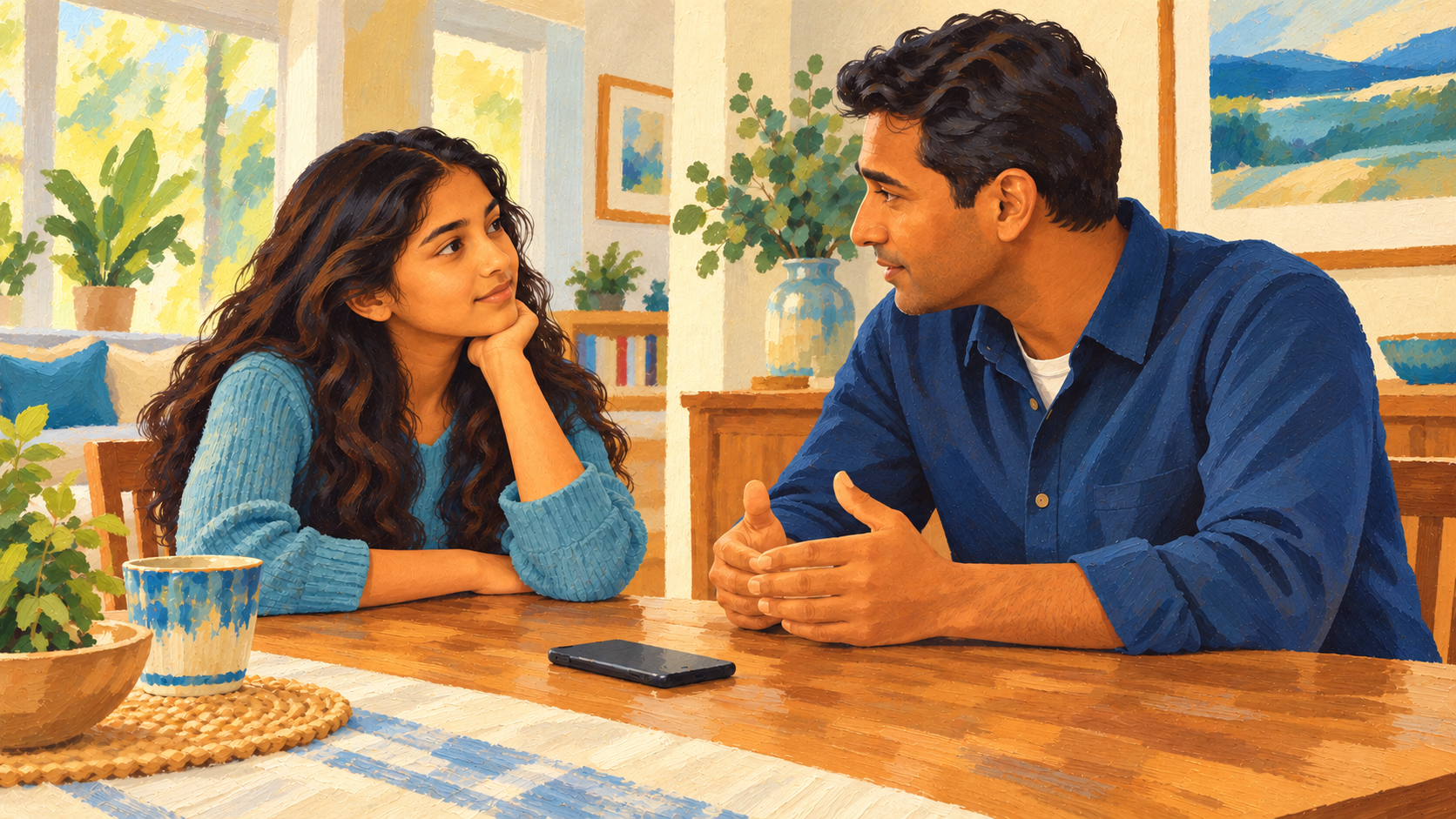 South Asian father and teenage daughter having a calm conversation at a dining table, with a phone resting face-down between them