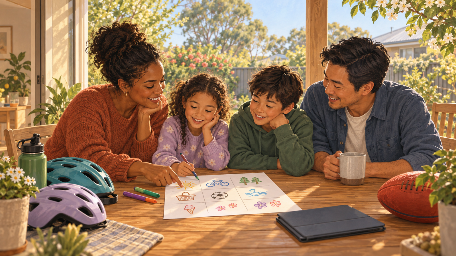 A Black mother, East Asian father, and their two children making a spring holiday plan together at a backyard table