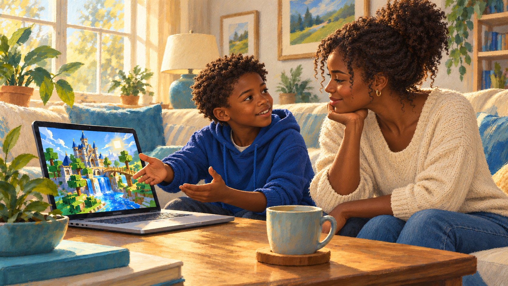 School-age child proudly showing a parent a world they built in a game, sitting together in a warm living room