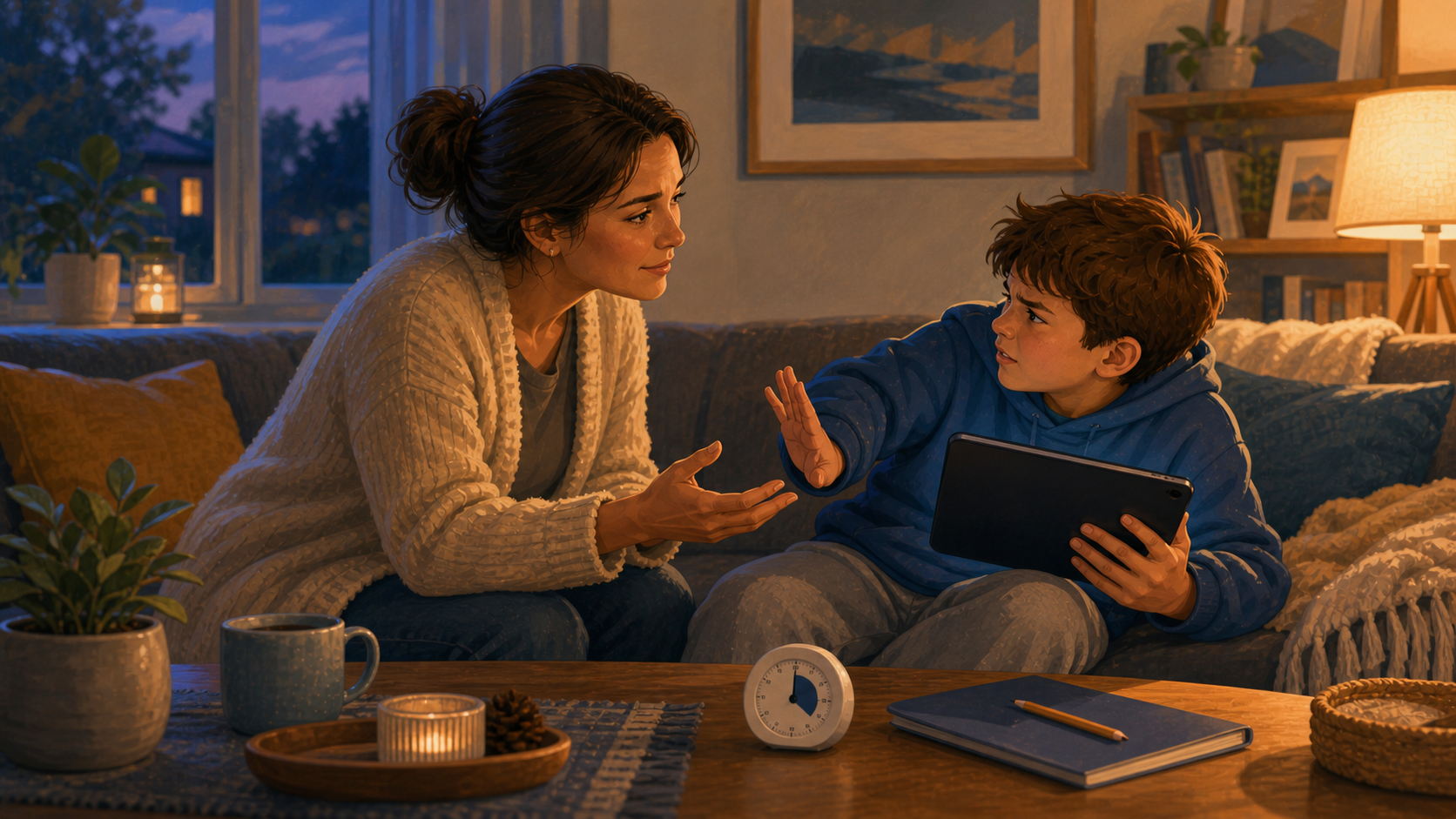 Parent and child in a calm but tense screen time transition on a couch at home