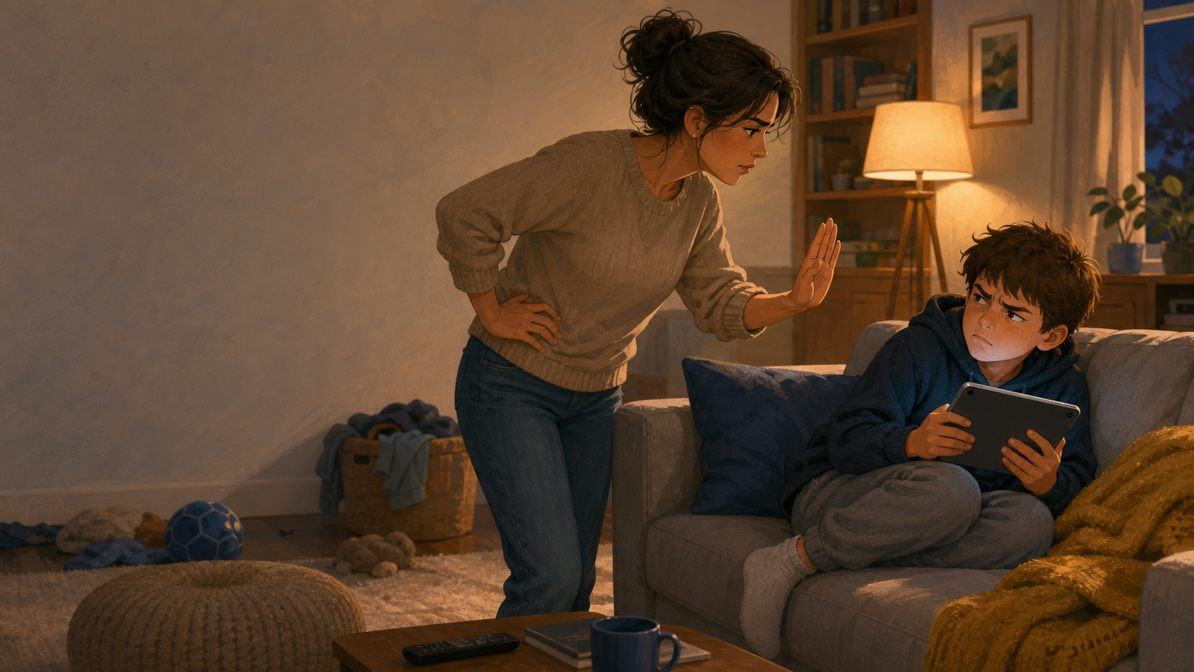Parent and child in a tense screen time standoff in a living room, with the child holding a device and the parent setting a boundary