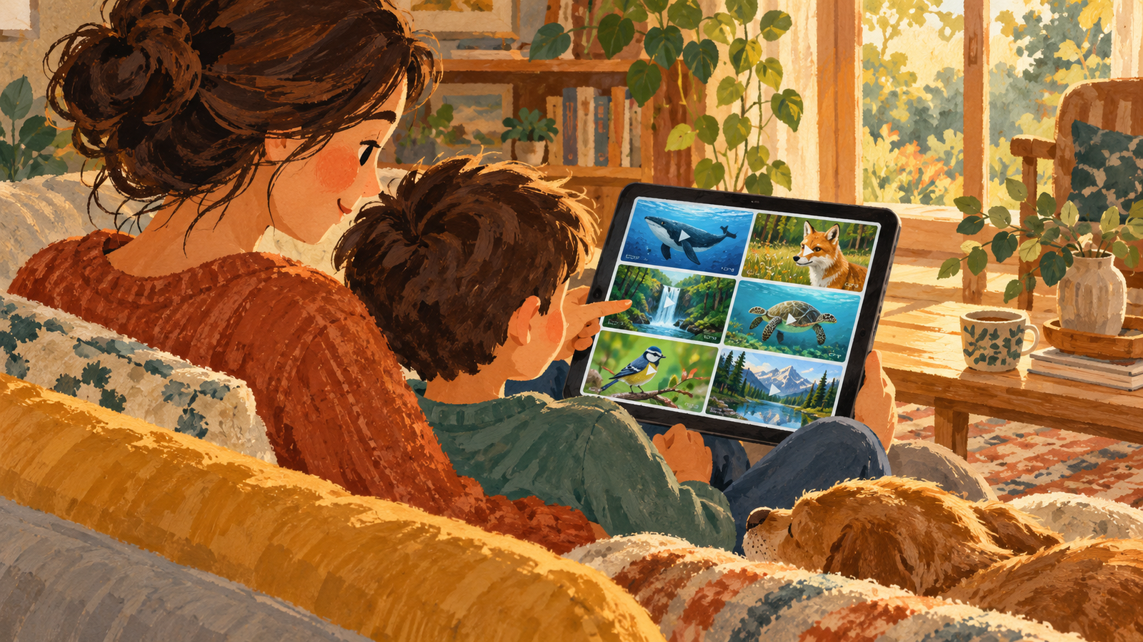 Parent and school-age child calmly choosing a nature video together on a tablet in a warm living room